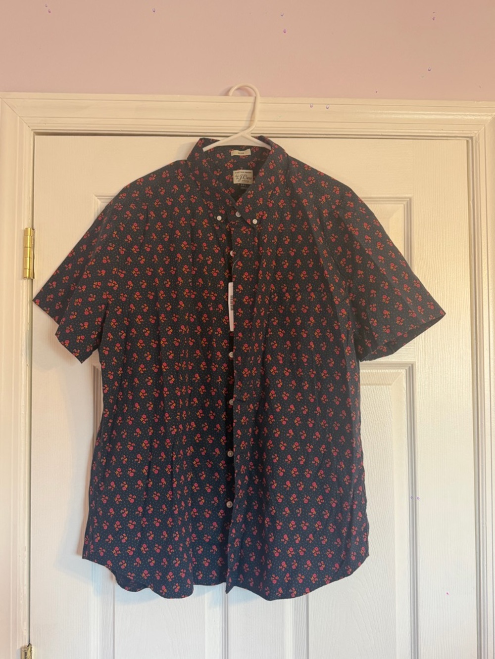 J. Crew Navy Short-Sleeve Button-Down with Red Floral Print
